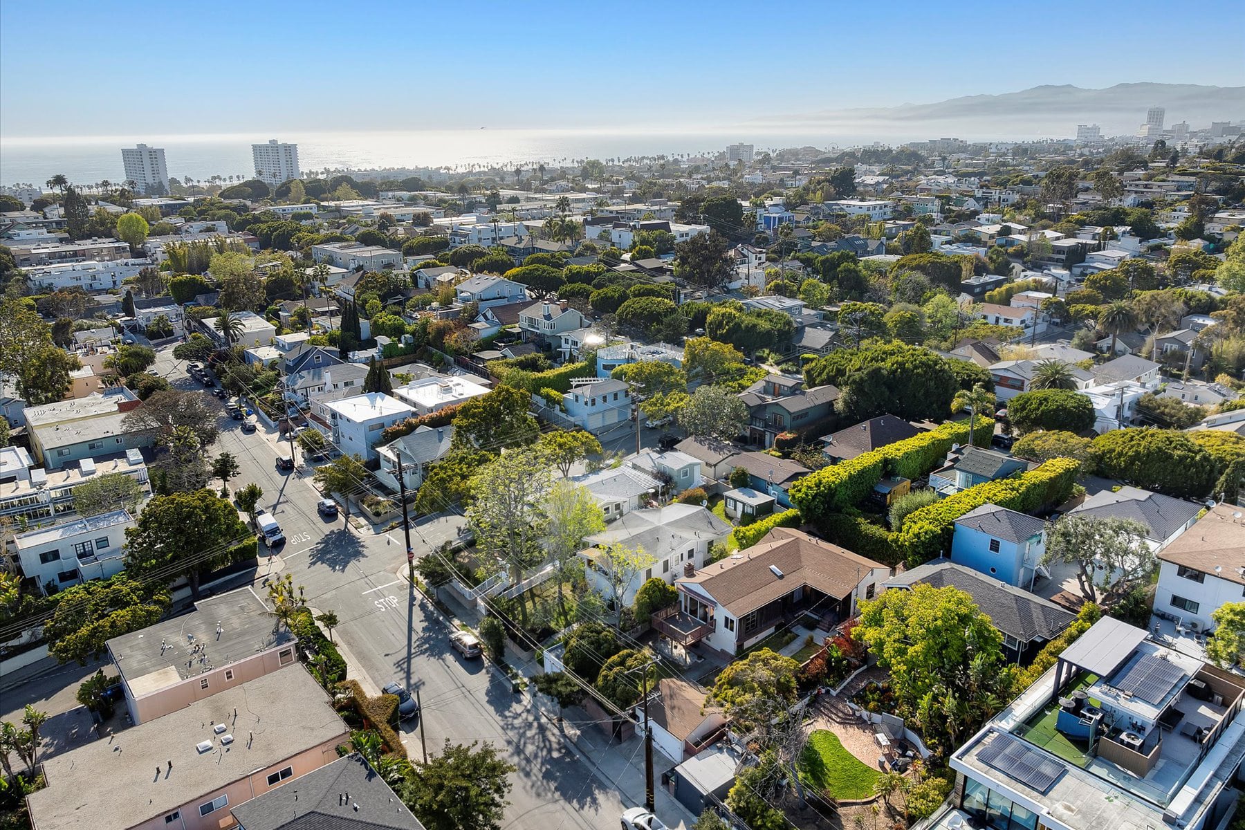Aerial view of Santa Monica’s Ocean Park neighborhood, coastline, and pier